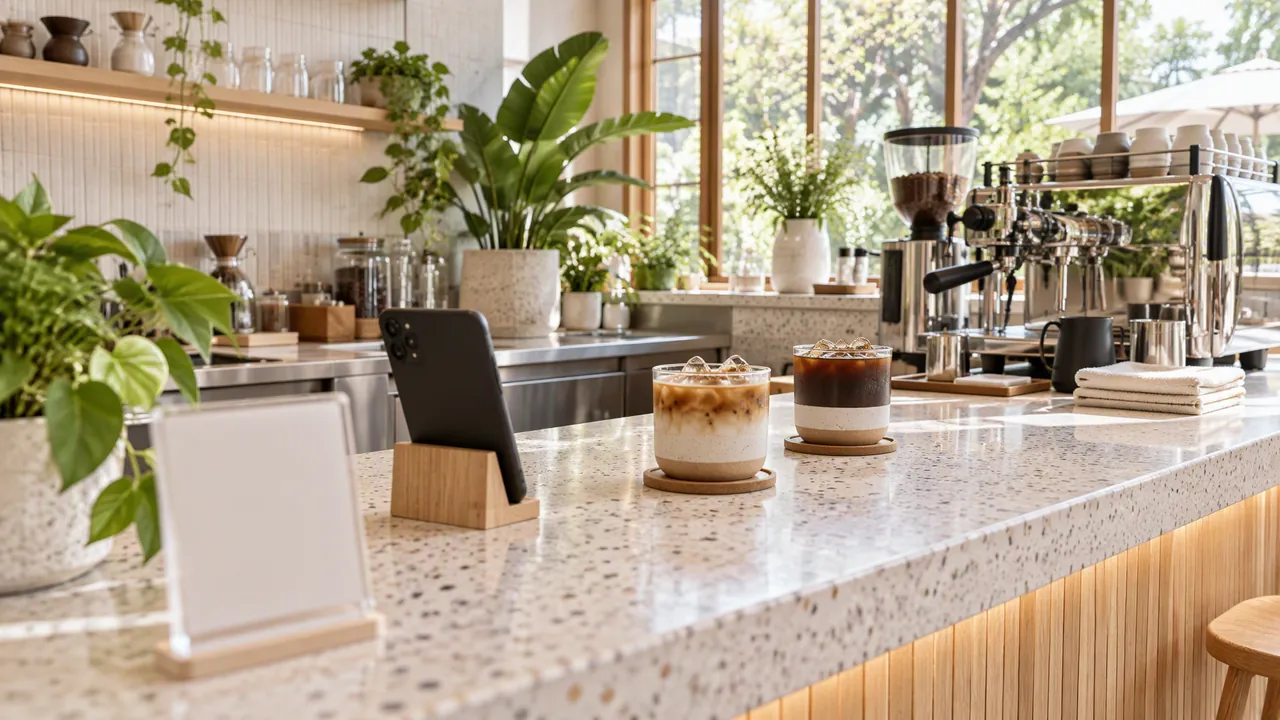 Bar kedai kopi modern dengan meja teraso, dua es kopi susu di atas meja kasir, ponsel di dudukan kayu dan stan pembayaran akrilik kosong di depan
